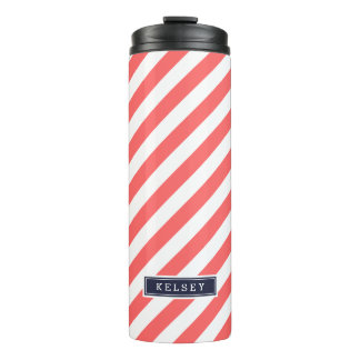Coral and Navy Blue Preppy Stripes Monogram Thermal Tumbler