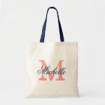 Coral and navy blue wedding tote bag with monogram<br><div class="desc">Coral and navy blue wedding tote bag with personalised monogram. Vintage style design. Make one for bridesmaids,  flower girls,  maid of honour,  mother of the bride etc. Elegant script text for name.</div>