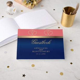 Coral and Navy Blue with Gold Hearts Guest Book