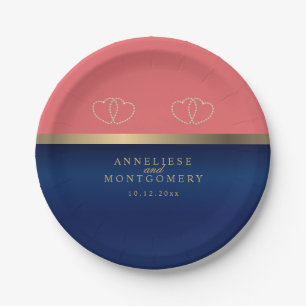 Coral and Navy Blue with Gold Hearts Paper Plate