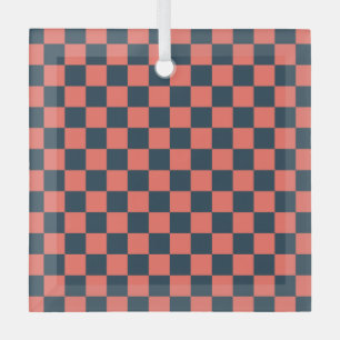Coral and navy checkerboard pattern glass tree decoration