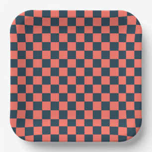 Coral and navy checkerboard pattern paper plate