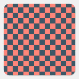 Coral and navy checkerboard pattern square sticker