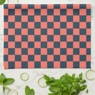 Coral and navy checkerboard pattern tea towel