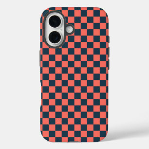 Coral and navy chequerboard pattern iPhone 16 case
