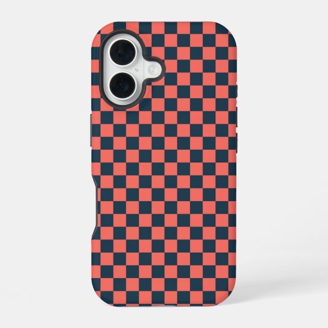 Coral and navy chequerboard pattern iPhone 16 case (Back)