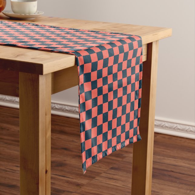Coral and navy chequerboard pattern short table runner (In Situ)