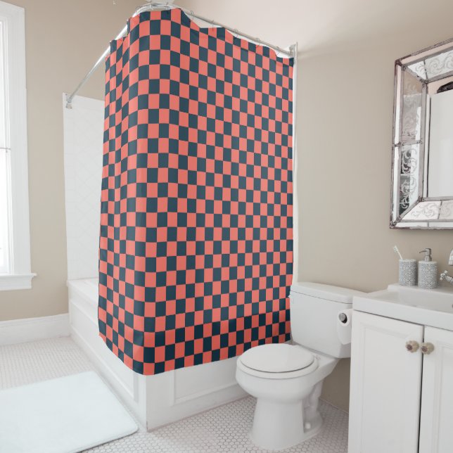 Coral and navy chequerboard pattern shower curtain (In Situ)