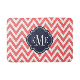 Coral and Navy Chevron Monogram Bath Mat
