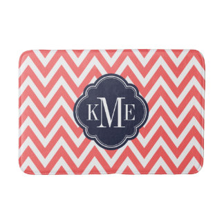 Coral and Navy Chevron Monogram Bath Mat