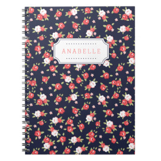 Coral and Navy Chic Vintage Floral Print Monogram Spiral Notebook