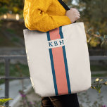 Coral and Navy | Classic Stripe Monogram Tote Bag<br><div class="desc">Personalise this colourful striped tote with your single initial monogram for a bag that's uniquely yours! Timeless and classic preppy design features a vertical racing stripe in vibrant coral and rich navy blue with your three initial monogram in the centre.</div>