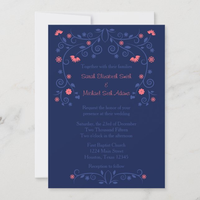 Coral and Navy Floral 5x7 Wedding Invitation (Front)