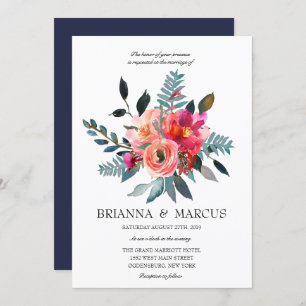 Coral and Navy Floral Wedding Invitation