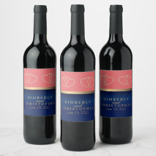 Coral and Navy, Gold Hearts  Wine Label