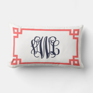 Coral and Navy Greek Key Script Monogram Lumbar Cushion