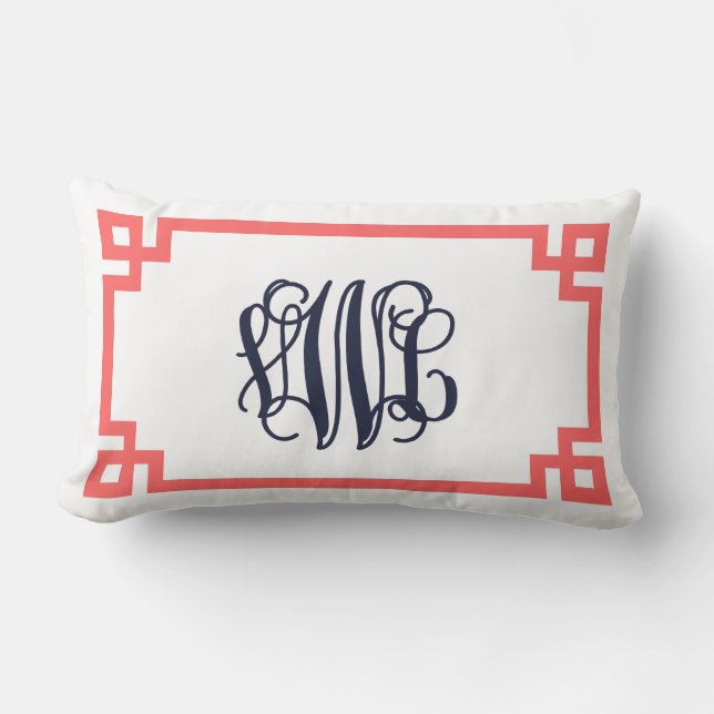 Coral and Navy Greek Key Script Monogram Lumbar Cushion (Front)