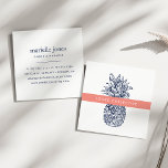 Coral and Navy Pineapple Square Business Card<br><div class="desc">Modern preppy business cards in vibrant coral and classic navy blue feature a vintage style pineapple illustration with a bright band of coral peach bearing your name or business name. Personalise the reverse side with your full contact information in matching navy. Suitable for any occupation; example shown for a retail...</div>