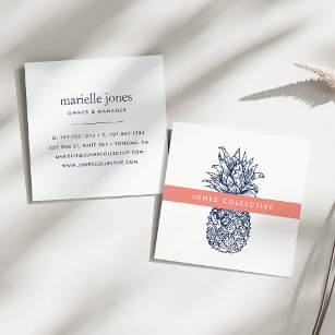 Coral and Navy Pineapple Square Business Card