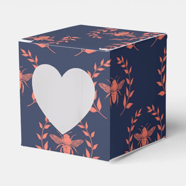 Coral and Navy Queen Bee Pattern Favour Box (Front Side)
