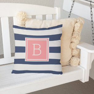 Coral and Navy Stripe Monogram Outdoor Cushion