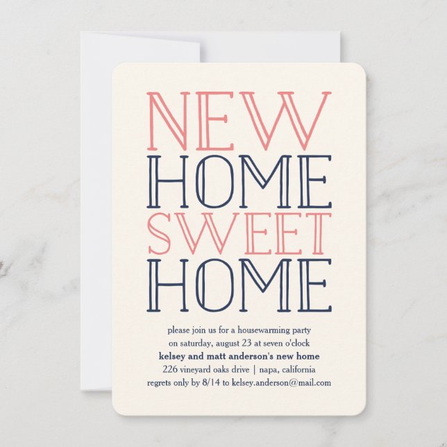 Coral and Navy Typography Housewarming Party Invitation (Front)
