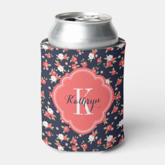 Coral and Navy Vintage Floral Monogram Can Cooler