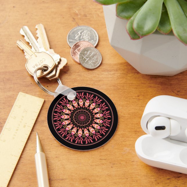 Coral And Pink Feather Mandala Keychain (Desk)