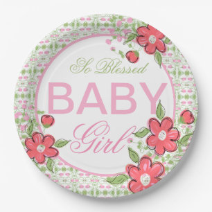 Coral and Pink Flowered Baby Shower Paper Plates