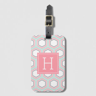 Coral and Pink Hexagon Pattern Monogrammed Luggage Tag
