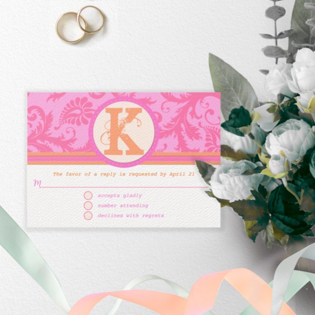 Coral and Pink Orange Damask Floral Monogram  RSVP Card (Creator Uploaded)