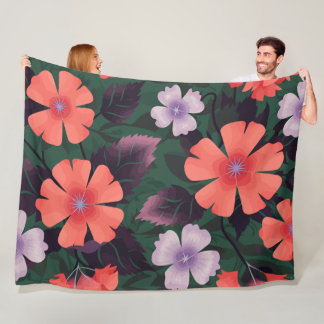 Coral and Purple Floral with Dark Leaves Fleece Blanket