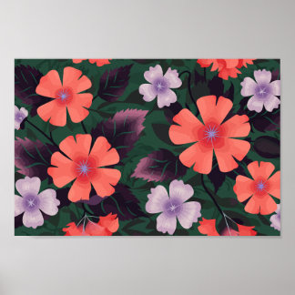Coral and Purple Floral with Dark Leaves Poster