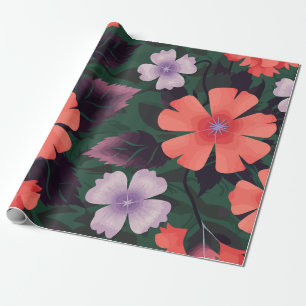 Coral and Purple Floral with Dark Leaves Wrapping Paper