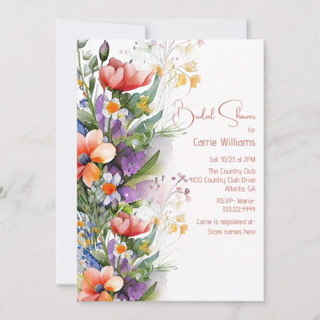 Coral and Purple Wildflowers Bridal Shower Invitation (Front)