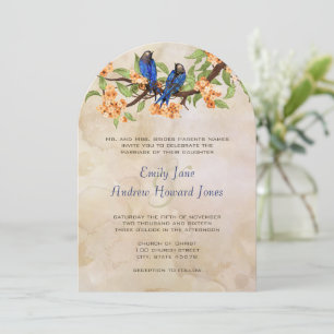 Coral and Royal Blue Vintage Love Birds Tea Stain Invitation