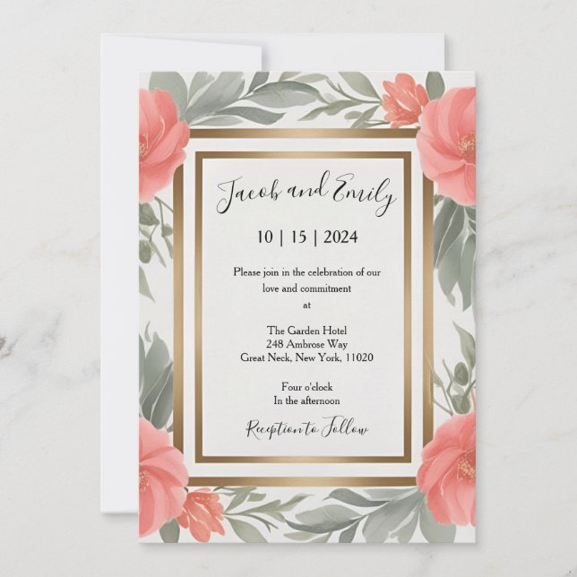 Coral and Sage - Romantic Wedding Invitation Card (Front)