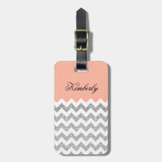 Coral and Silver Faux Glitter Chevron Luggage Tag