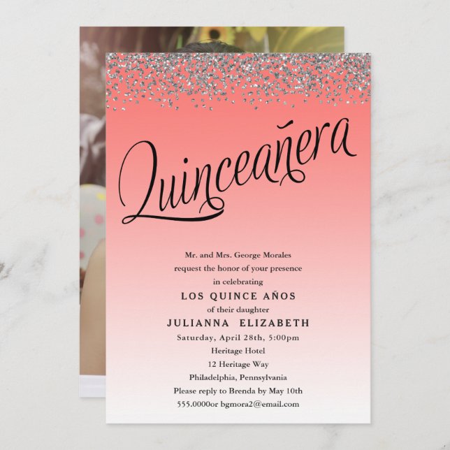 Coral and Silver Quinceanera Photo Invitation (Front/Back)