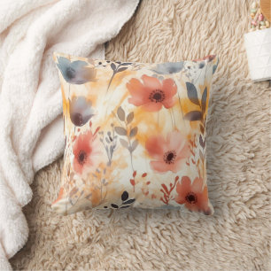 Coral and Smoky Blue Modern Art Flowers Cushion