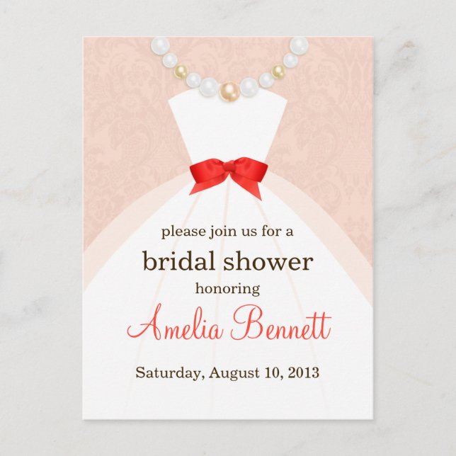 Coral and Taupe Damask Bridal Shower Invitation Postcard (Front)