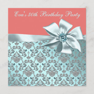 Coral and Teal Blue Damask 50th Birthday Party Invitation