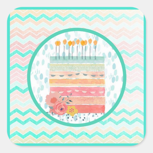 Coral and Teal Cake Wedding Favour Party Stickers (Front)