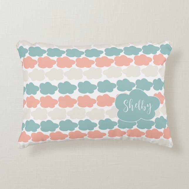Coral and Teal Clouds for Nursery Decorative Cushion (Front)