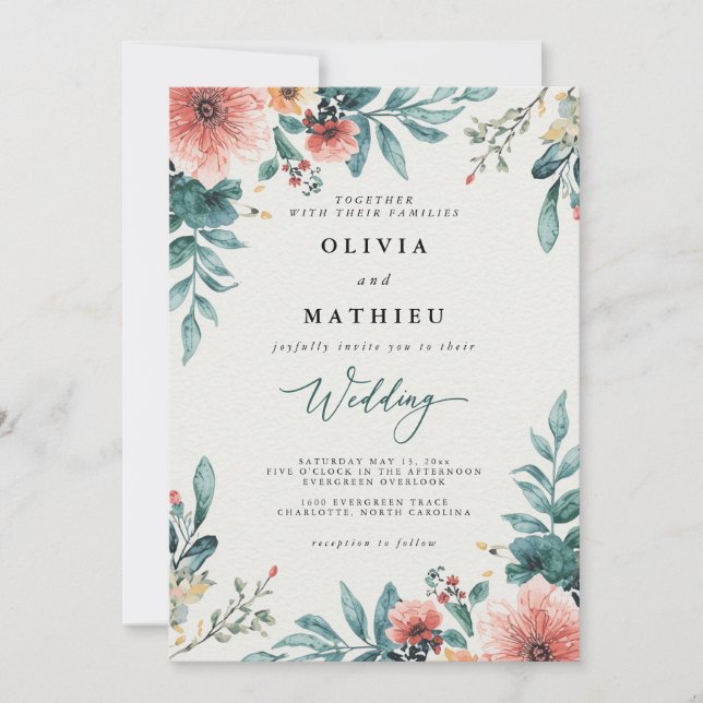 Coral and Teal Floral Botanical Wedding Invitation (Front)