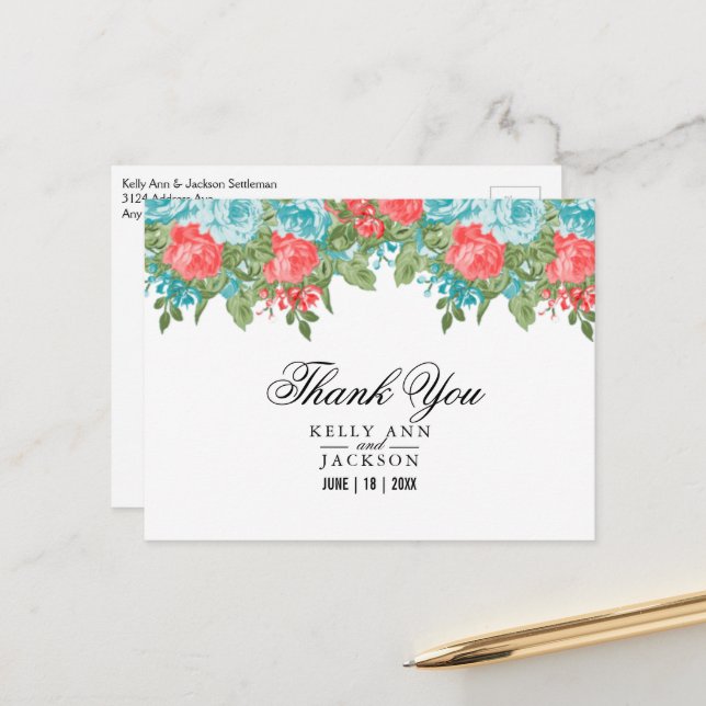 Coral and Teal Floral Postcard (Front/Back In Situ)