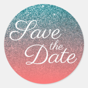 Coral and Teal Ombre Glitter Save the Date Classic Round Sticker