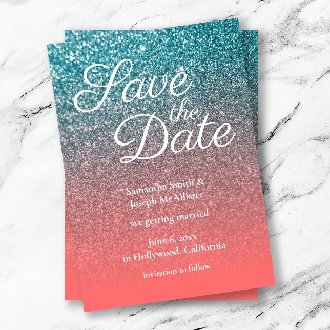 Coral and Teal Ombre Glitter Save the Date Invitation (Creator Uploaded)