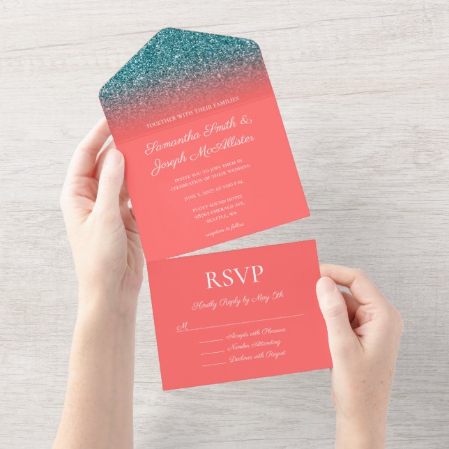 Coral and Teal Ombre Glitter Wedding All In One Invitation (Tearaway)