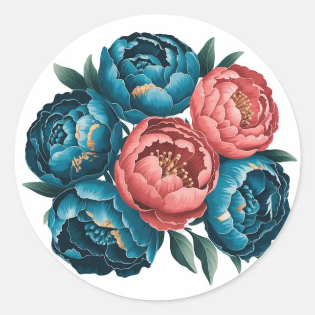 Coral and Teal Peonies Gold Bouquet Wedding Classic Round Sticker (Front)